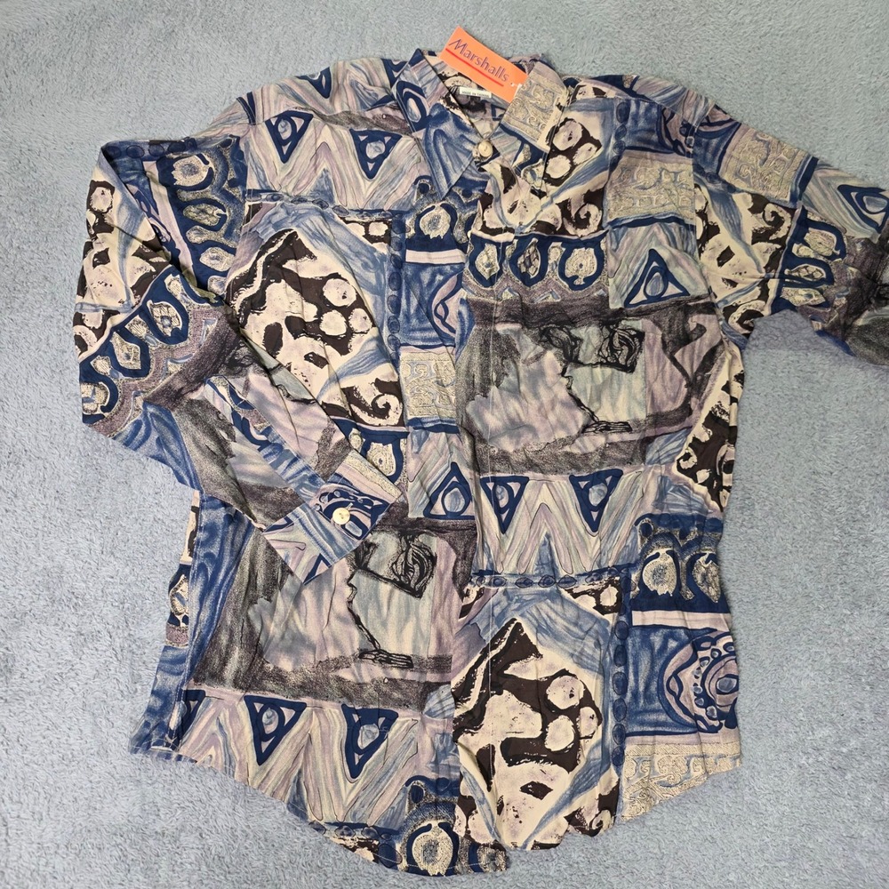 Nogaret Paris Mens Medium Button Down Shirt Blue Abstract Geometric Vintage 90s
